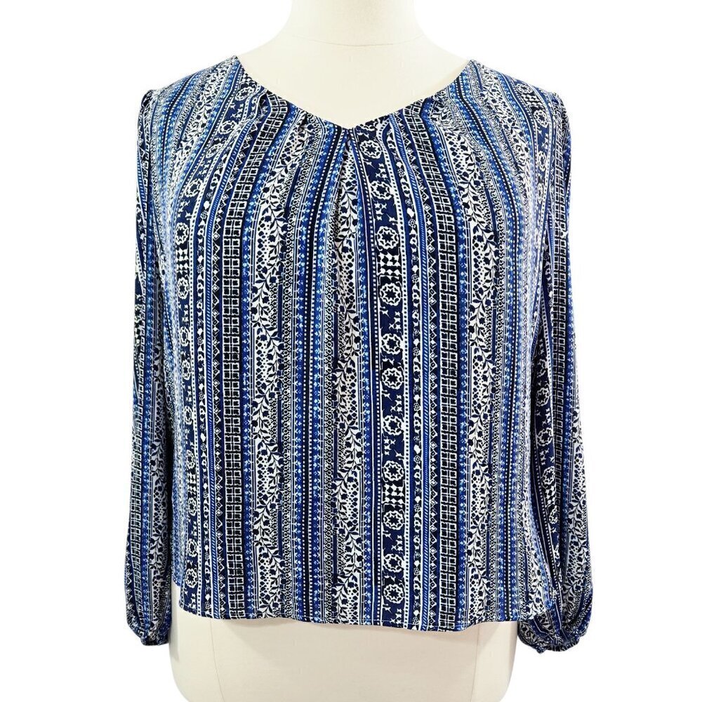 LOFT Blue Ribbon Floral V-Neck Blouse Blouson Sleeves Elastic Cuffs Boho